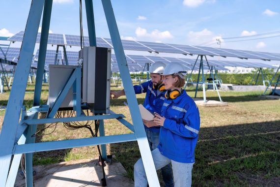 Maintenance engineer at solar farm trouble shooting looking at inverter control panel malfunction